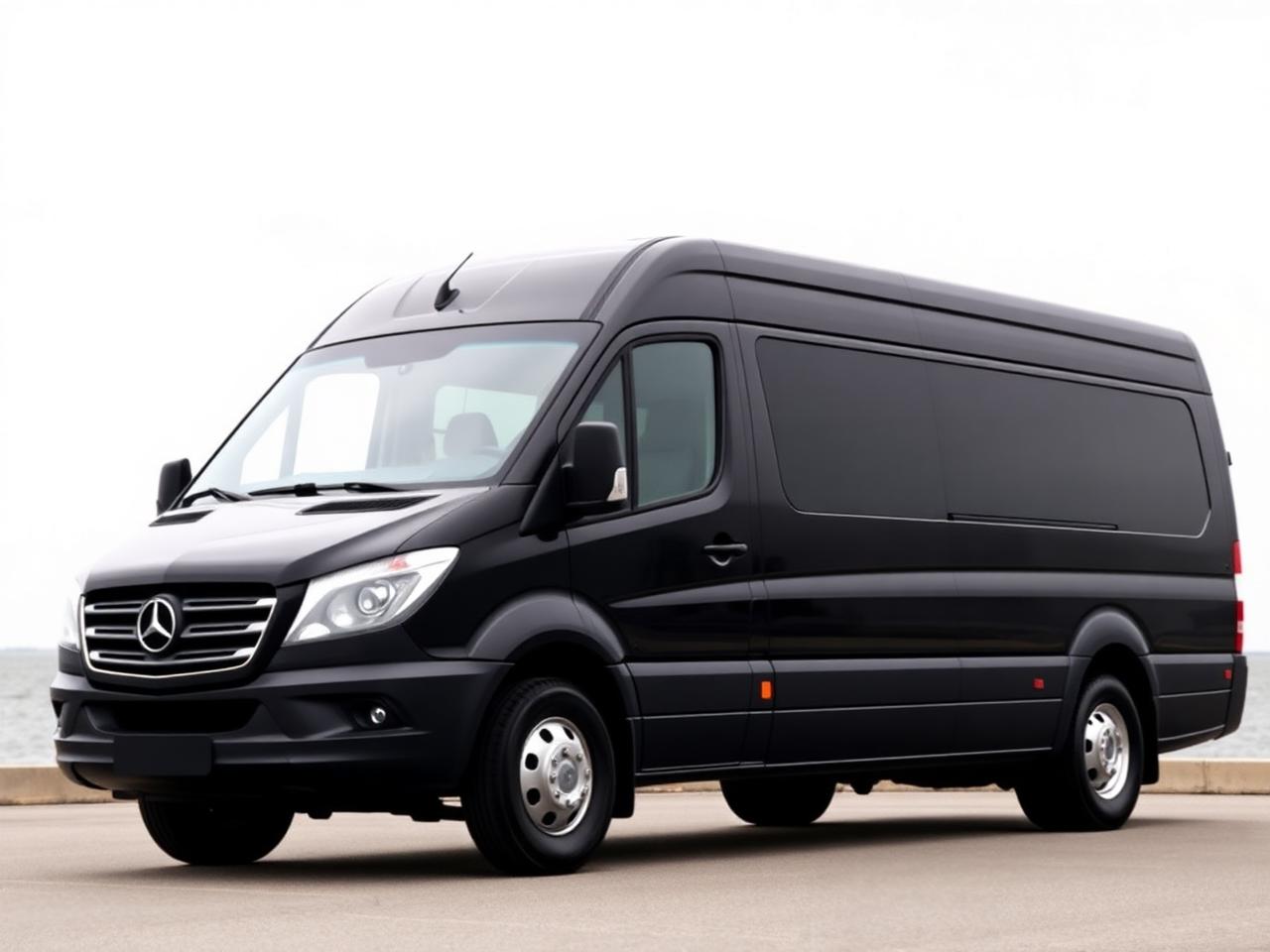 Modern black minibus parked on open pavement