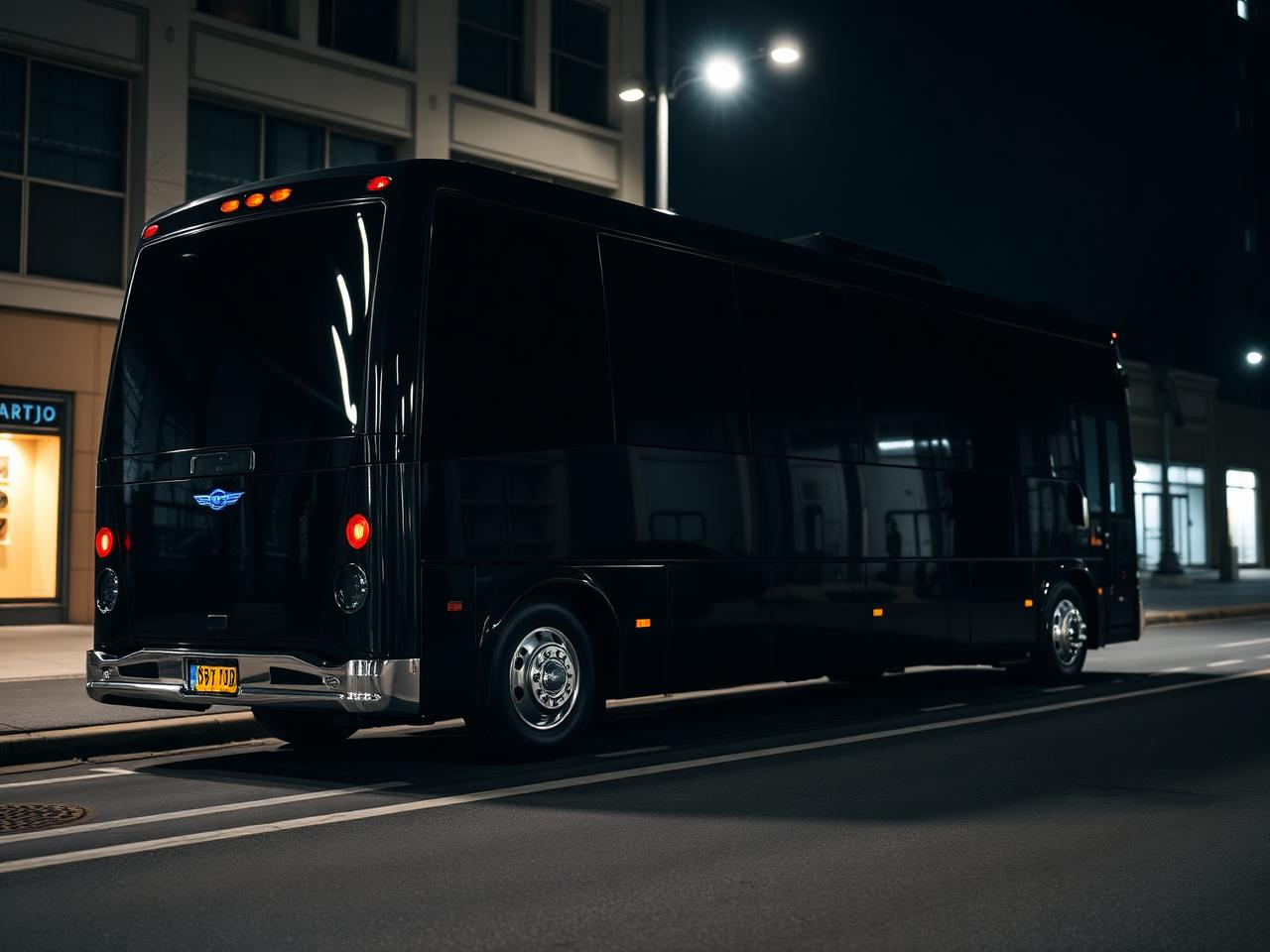 Black party bus parked on a city street at night