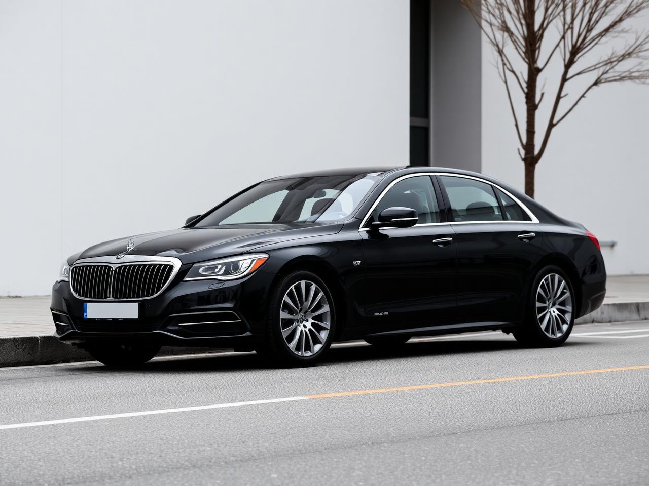 Black luxury chauffeured sedan parked at the curb