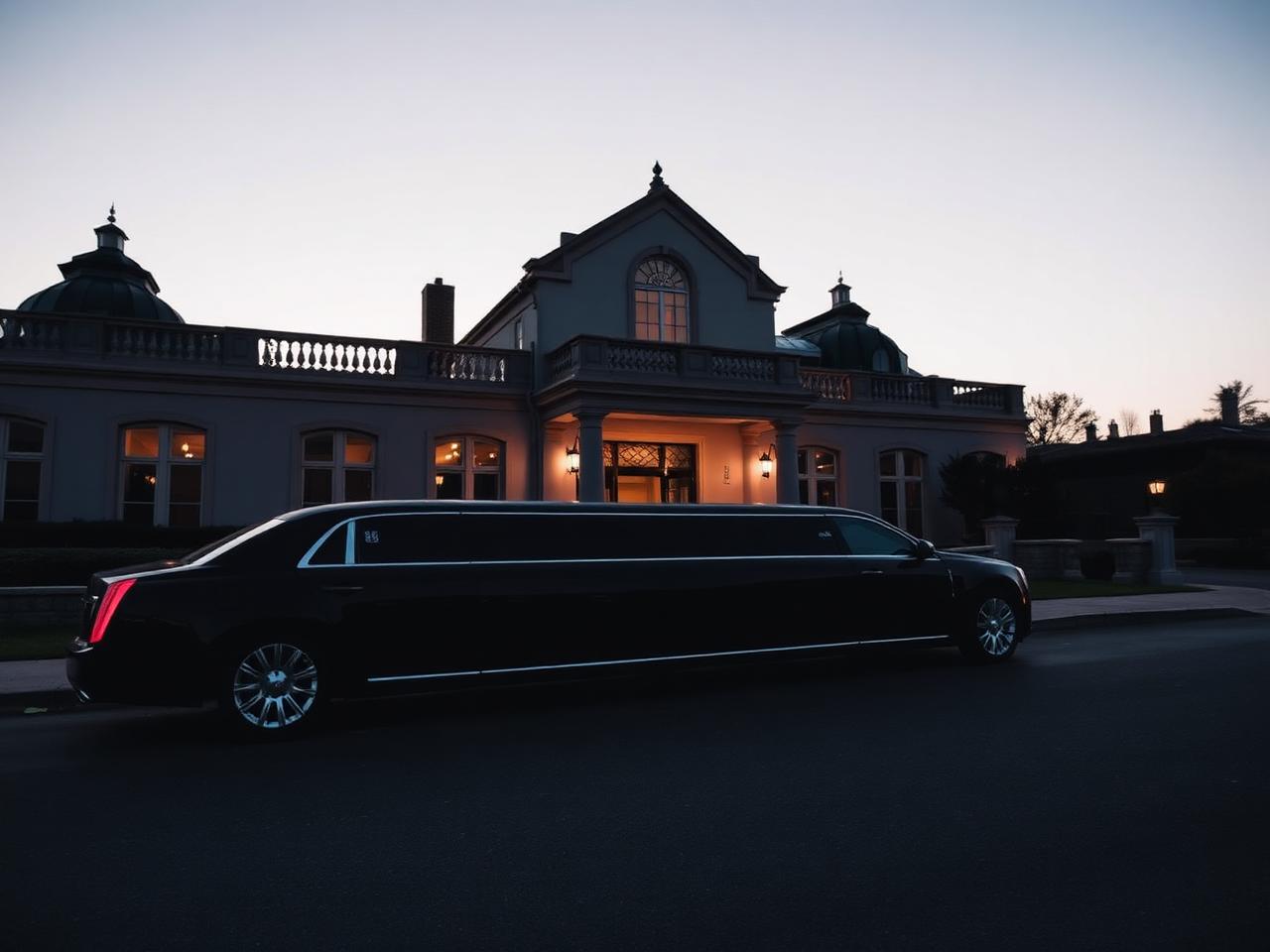 Black stretch limousine waiting outside an event venue at dusk